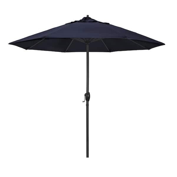 California Umbrella 9 ft. Black Aluminum Market Patio Umbrella Auto Tilt in Navy Blue Sunbrella