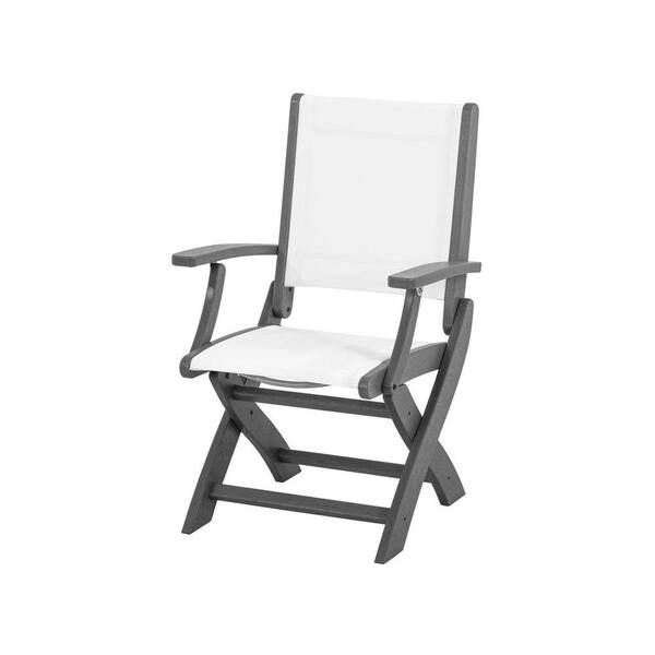 POLYWOOD Coastal Slate Grey Patio Folding Chair with White Sling