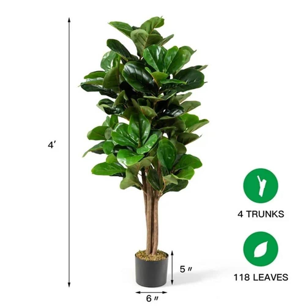 4ft Green Artificial Fiddle Leaf Fig Tree in Black Plastic Pot