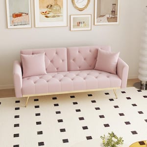 68.3 in.Pink Velvet Twin Size Sofa Bed with Two Pillows