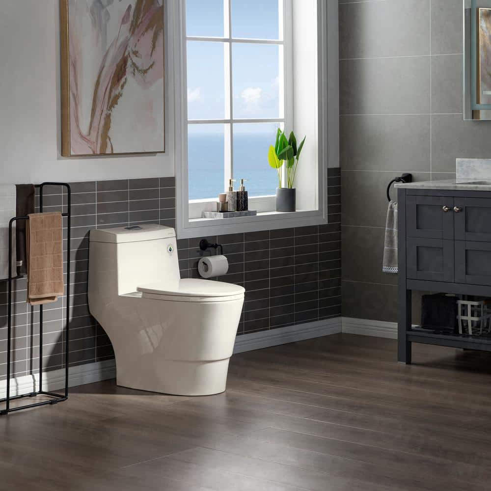 Biscuit Elongated One-Piece Dual Flush Toilet with Chrome Button