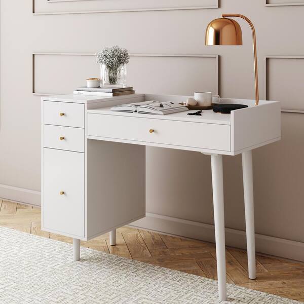 Nathan James Daisy White and Gold Makeup Desk with 4-Drawers and Brass Accent Knobs Vanity Table