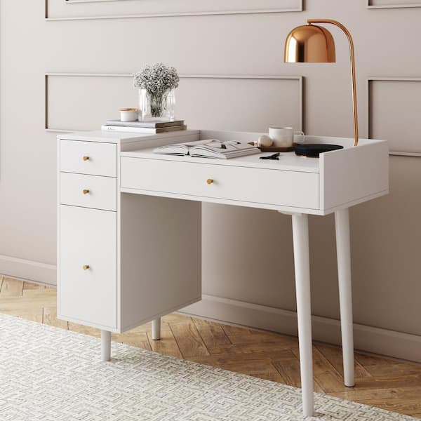 Nathan James Daisy White and Gold Makeup Desk with 4-Drawers and Brass Accent Knobs Vanity Table
