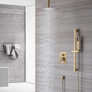 1-Spray Patterns with 10 in. Ceiling Mount Dual Shower Heads with Sliding Rod in Spot Resist Brushed Gold