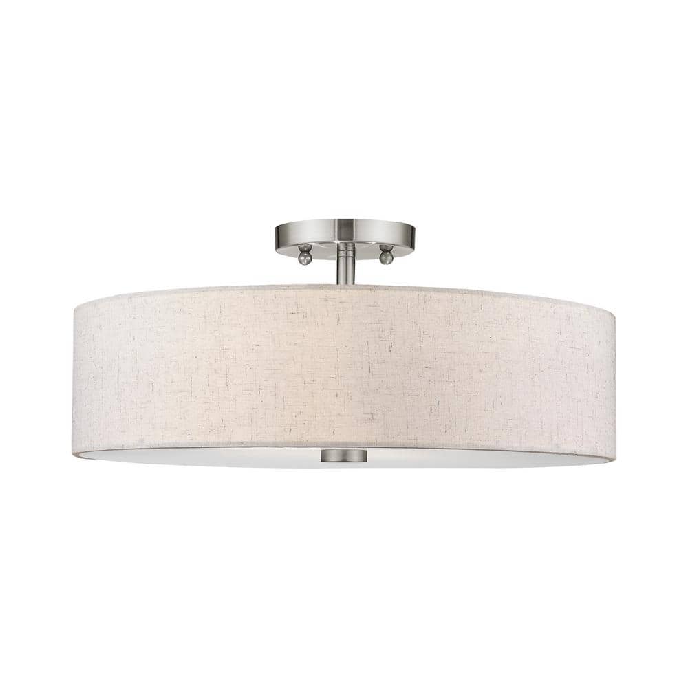 Elegant Brushed Nickel 4-Light Semi-Flush Mount with Oatmeal Fabric Shade