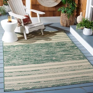 Courtyard Dark Green/Beige Doormat 3 ft. x 5 ft. Aztec Striped Indoor/Outdoor Area Rug