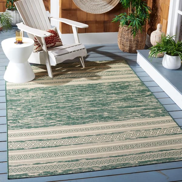Courtyard Dark Green/Beige 9 ft. x 12 ft. Aztec Striped Indoor/Outdoor Area Rug