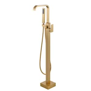 1-Handle Freestanding Floor Mount Tub Faucet Bathtub Filler with Hand Shower in Gold