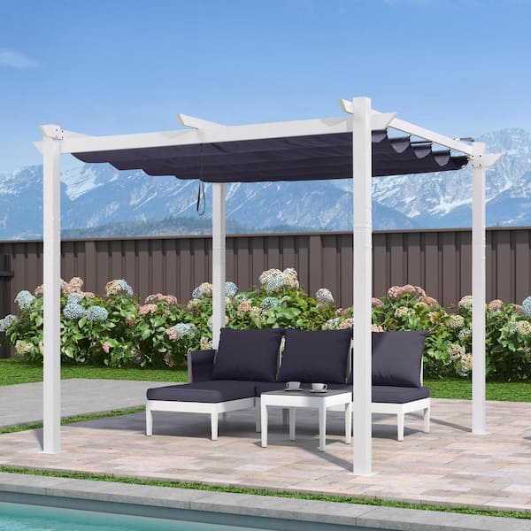 PURPLE LEAF 10 ft. x 10 ft. White Aluminum Frame Patio Pergola Gazebo with Navy Blue Retractable Sunshade Canopy and Extra Top Roof