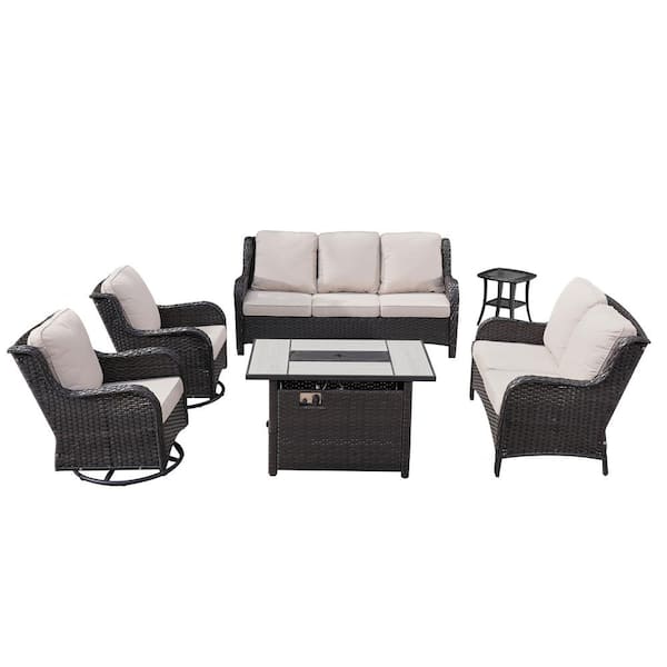 Moonquake Brown 6-Piece Wicker Patio Rectangular Fire Pit Set with Beige Cushions and Swivel Rocking Chairs