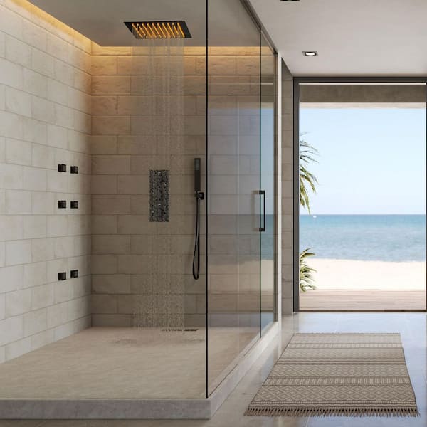 Full Spectrum LED 12 in. Triple Handle 5-Spray Ceiling Mount Shower Faucet 2.5 GPM with Body Spray in Matte Black