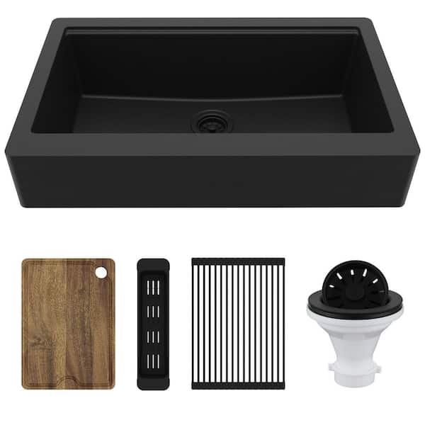 34 in. Retrofit Farmhouse Single Bowl Quartz Workstation Kitchen Sink in Black