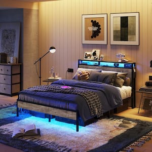 Grey Metal Frame Full Size Platform Bed with Charge Station and Storage Headboard, LED Lights