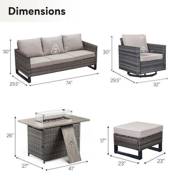 U-Frame 6-Piece Gray Wicker Fire Pit Conversation Set with Olefin Beige Cushions and Swivel Glider Chairs/Couch