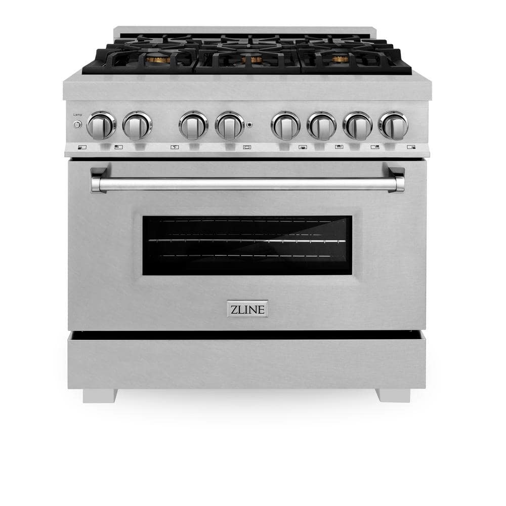 ZLINE Kitchen and Bath 36 in. 6 Burner Dual Fuel Range with Brass Burners in Fingerprint Resistant Stainless Steel