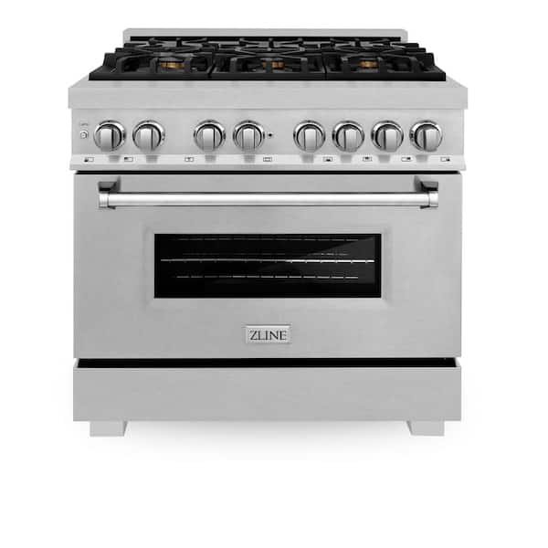 36 in. Legacy Dual Fuel Range with Gas Cooktop and Electric Oven in Satin Stainless Steel with 6 Brass Burners