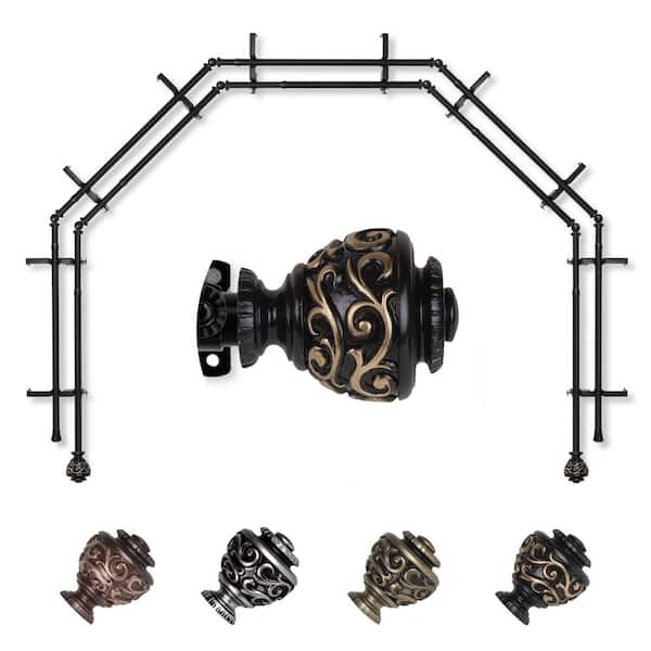 EMOH 13/16" Dia Adjustable 5-Sided Double Bay Window Curtain Rod 28 to 48" (each side) with Diana Finials in Black
