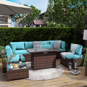 Brown 8-Piece Wicker Patio Conversation Set with Fire Pit Table and Navy Cushions