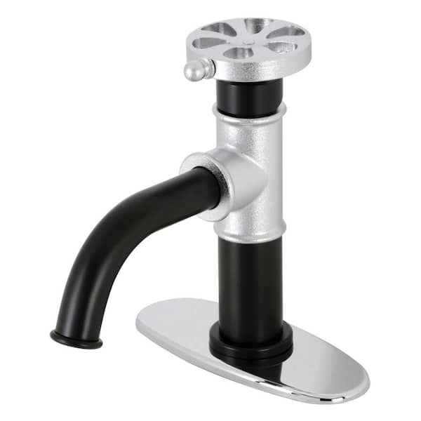 Kingston Brass Belknap Single-Handle Single-Hole Bathroom Faucet with Push Pop-Up and Deck Plate in Matte Black/Polished Chrome