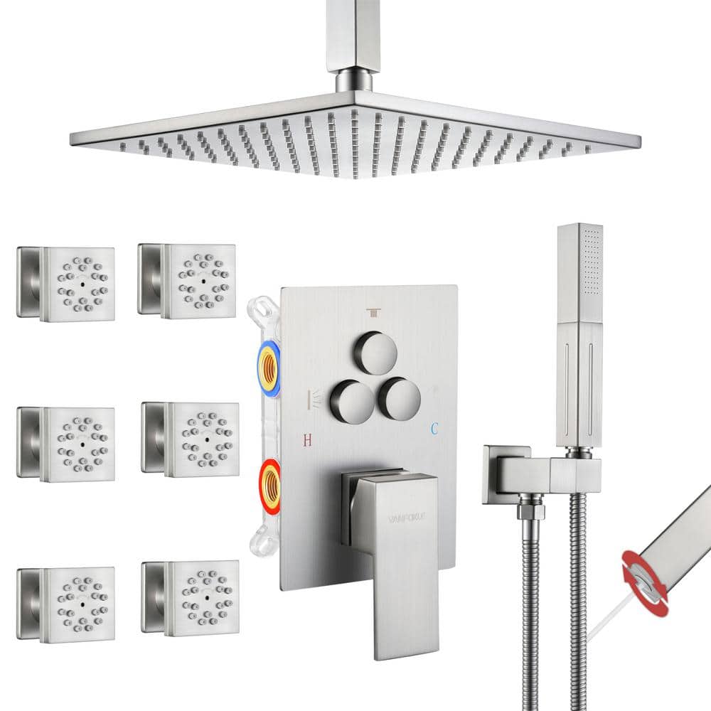 Luxury Rainfall Single Handle 2-Spray Shower Faucet 1.8 GPM with Push Button Diverter and 6Body Jets in Brushed Nickel price history on PriceWatchPro