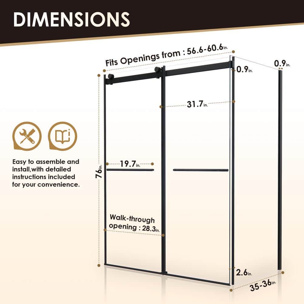 Belizzi 60" Matte Black Frameless Sliding Shower Enclosure