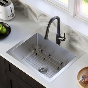 16-Gauge Stainless Steel 25 in. Single Bowl Drop-In Kitchen Sink with Grid and Basket Strainer