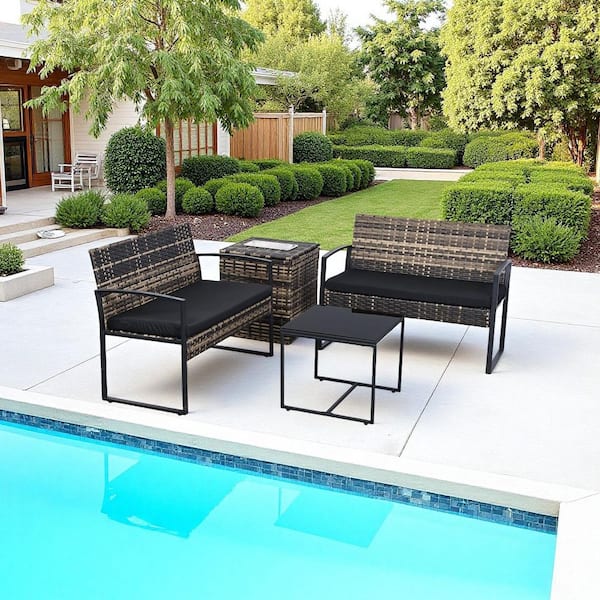 4-Piece Brown Wicker Patio Conversation Set with Ice Bucket and Black Cushions