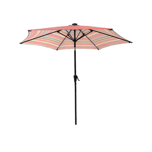 9 ft. Metal Market Patio Umbrella with LED Lights, Push Button Tilt and Crank System in Red striped