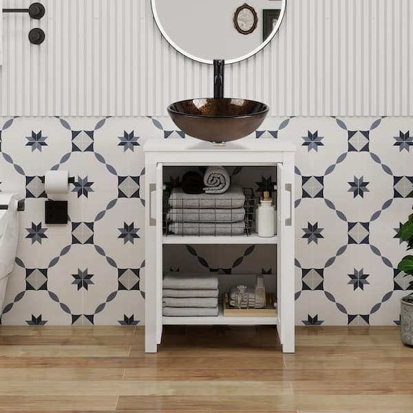 24 in. W x 18.1 in. D x 31.7 in. H Single Sink White Bath Vanity with White Solid Surface Top Brown Plus Round Sink