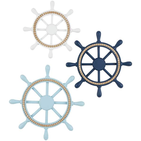 Litton Lane Wood Multi Colored Ship Wheel Wall Art with Brown Beaded Accents Set of 3