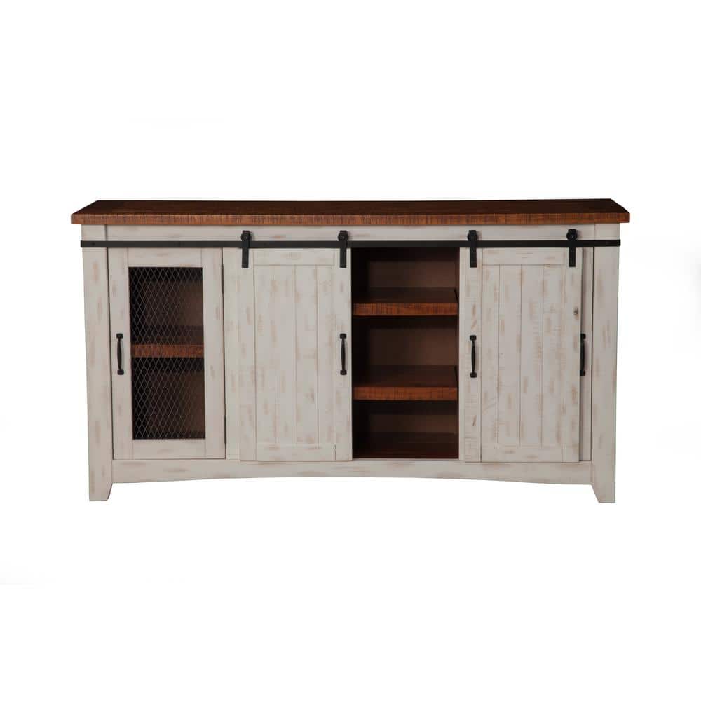 Antique White and Aged Distressed Pine 65" TV Stand with Cabinet