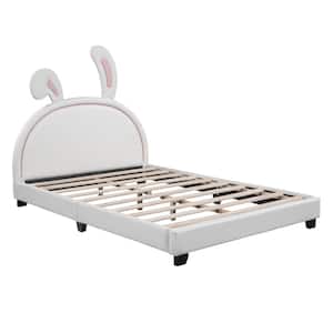Wood Frame Full Size Platform Bed with Upholstered Rabbit Ornament Headboard,White