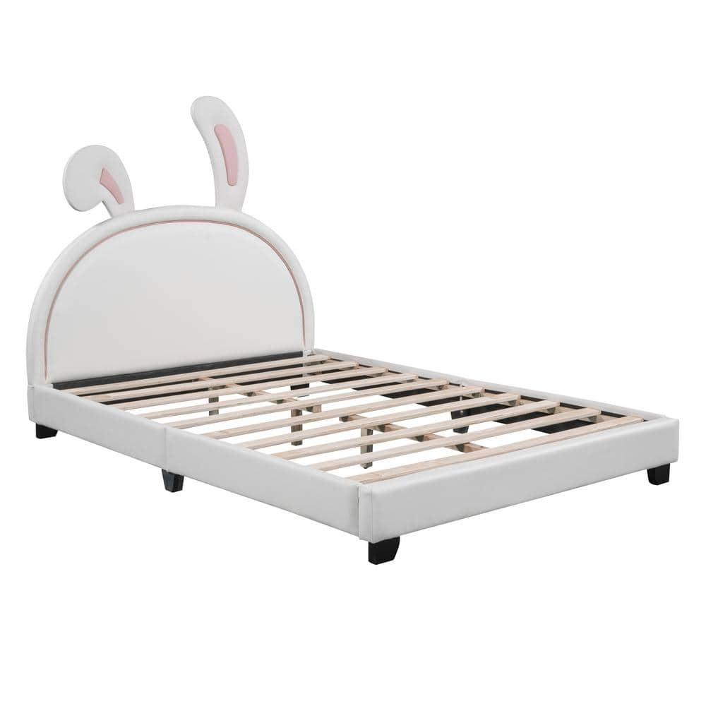 Wood Frame Full Size Platform Bed with Upholstered Rabbit Ornament Headboard,White -  Polibi, RS-MQSBU-WPJ