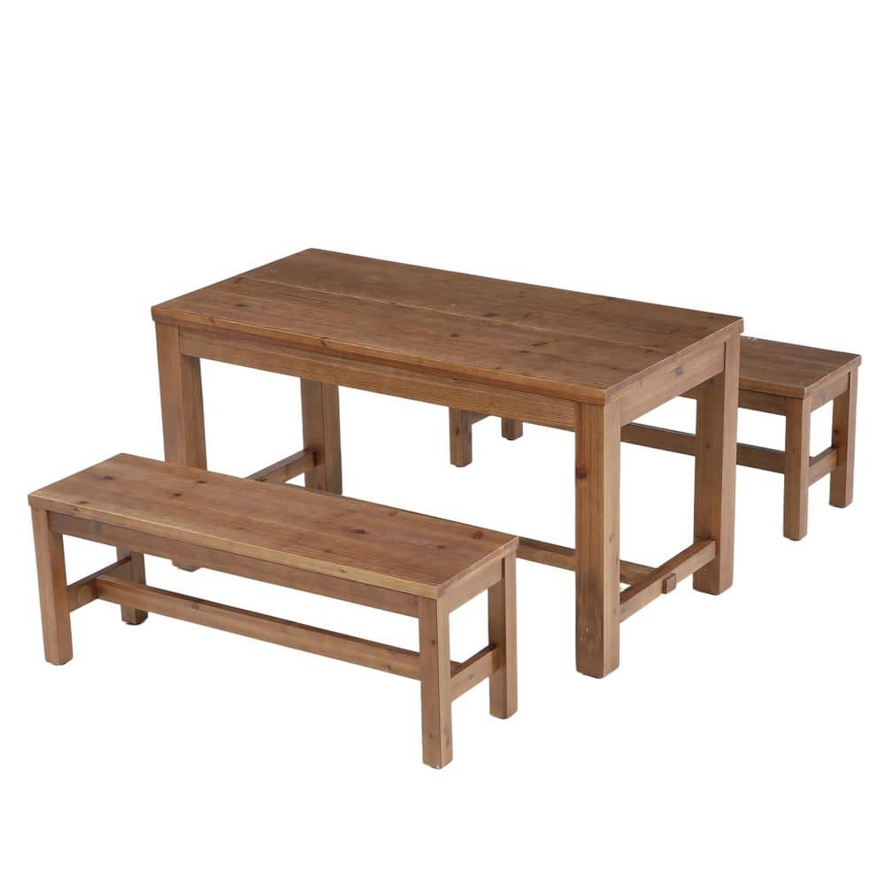 Roesler 3-Piece Rectangle Brown Solid Wood Top Modern Dining Table Set,Kitchen Table Set Seats 6 (1 Table, 2 Benches)
