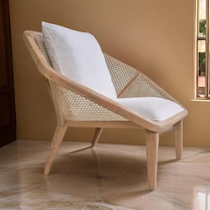 Brown and White Fabric Arm chair with Cushion and Teak Wood Frame