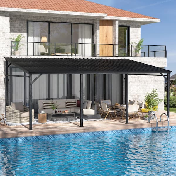 20 ft. x 12 ft. Metal Patio Covers with Sloped Roof Wall- Mounted Gazebo Pergola