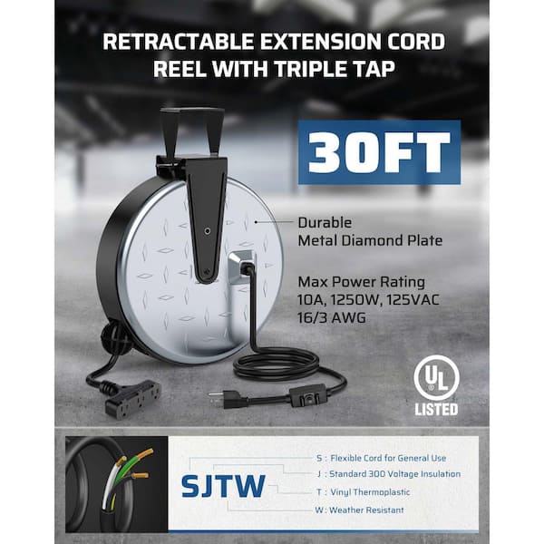 DEWENWILS 30 ft. 16/3 SJTW 10 Amp Retractable Extension Cord Reel