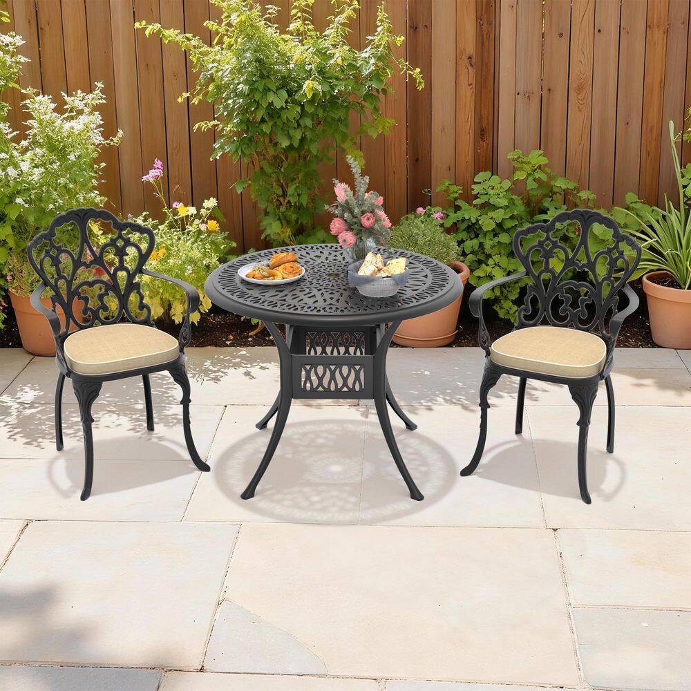 Black 3-Piece Cast Aluminum Outdoor Dining Set, 35.43 in. Round Dining Table and 2 Patio Chairs with Off-white Cushions price history on PriceWatchPro
