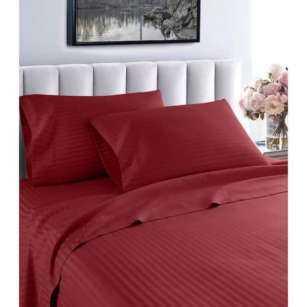 Unbranded Fresh Home 4-Piece Burgundy Striped 100% Cotton Full Deep Pocket Sheet Set