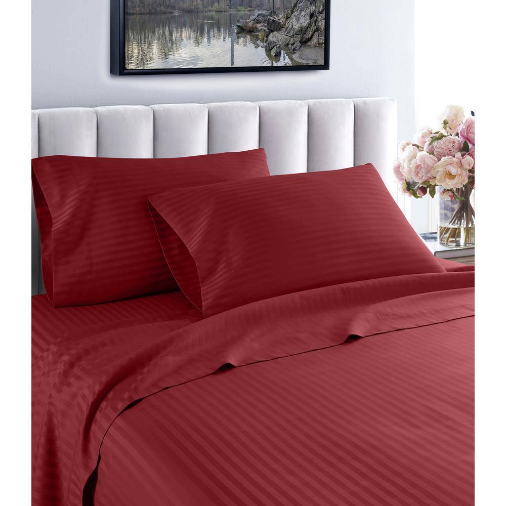Fresh Home 4-Piece Burgundy Striped 100% Cotton Queen Deep Pocket Sheet Set