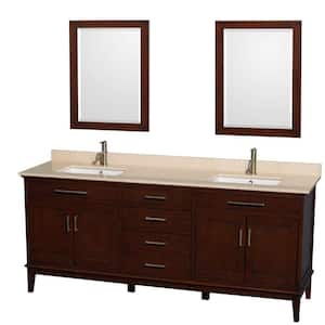 Hatton 80 in. Double Vanity in Dark Chestnut with Marble Vanity Top in Ivory, Square Sink and 24 in. Mirrors