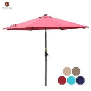9 ft. Aluminum Market Patio Umbrella LED Solar Outdoor Umbrella in Red with Tilt and Crank