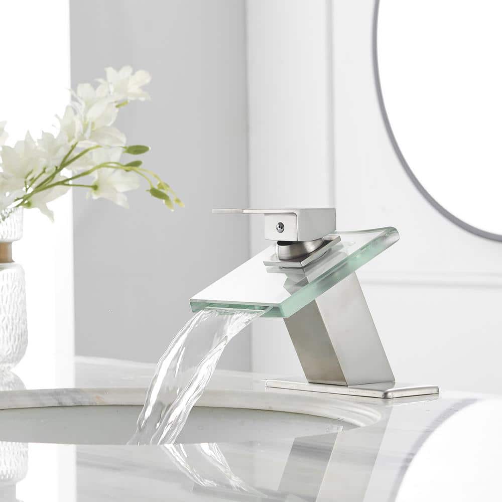Brushed Nickel Glass Waterfall Single Handle Bathroom Faucet