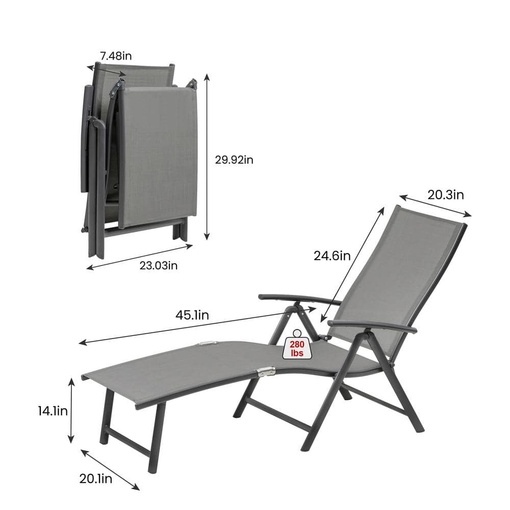 Gray Aluminum Adjustable Outdoor Chaise Lounge Set with Arms