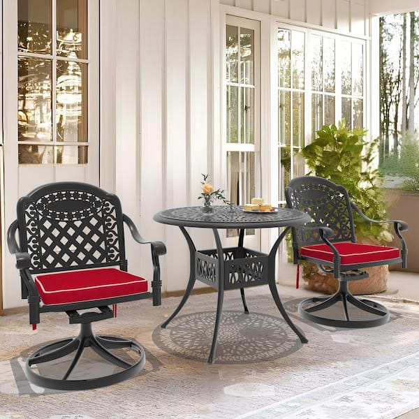 Isabella 3-Piece Cast Aluminum Patio Outdoor Dining Set with Round Dining Table, 2 Swivel Chairs and 2 Red Cushions