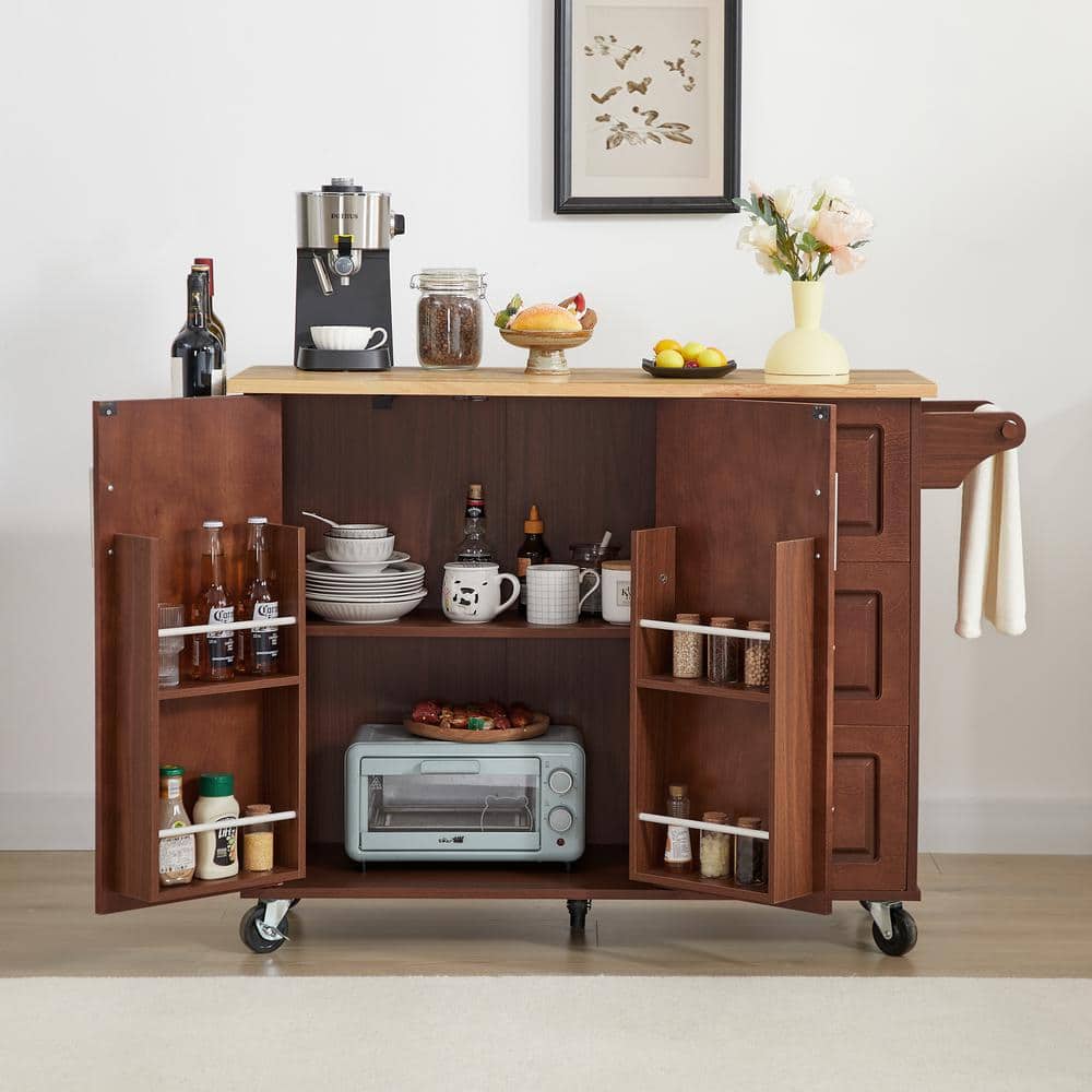 Tileon Brown Wood 53.78 in. Kitchen Island with Drawers