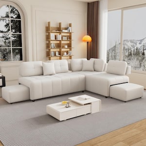 91.73 in. Chenille L Shaped Sectional Sofa in Beige with 2-Hidden Stools and 2-Lumbar Pillows