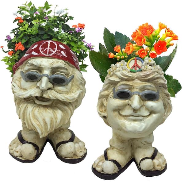 HOMESTYLES 13 in. H Hippie Jerry and Hippie Chick Janice Antique White Muggly Face Planter Statue Holds 4 in. Pot
