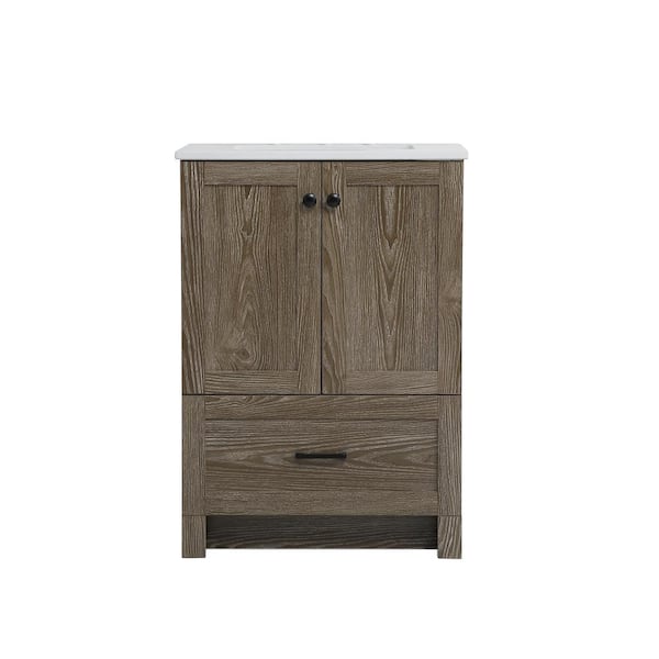 Unbranded Simply Living 24 in. Single Bathroom Vanity in Weathered Oak with Quartz Vanity Top in Ivory White