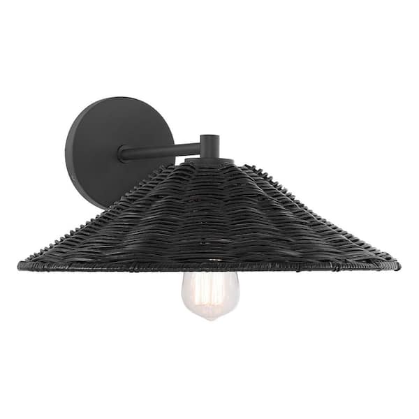 1-Light Matte Black Wall Sconce with Natural Rattan Shade